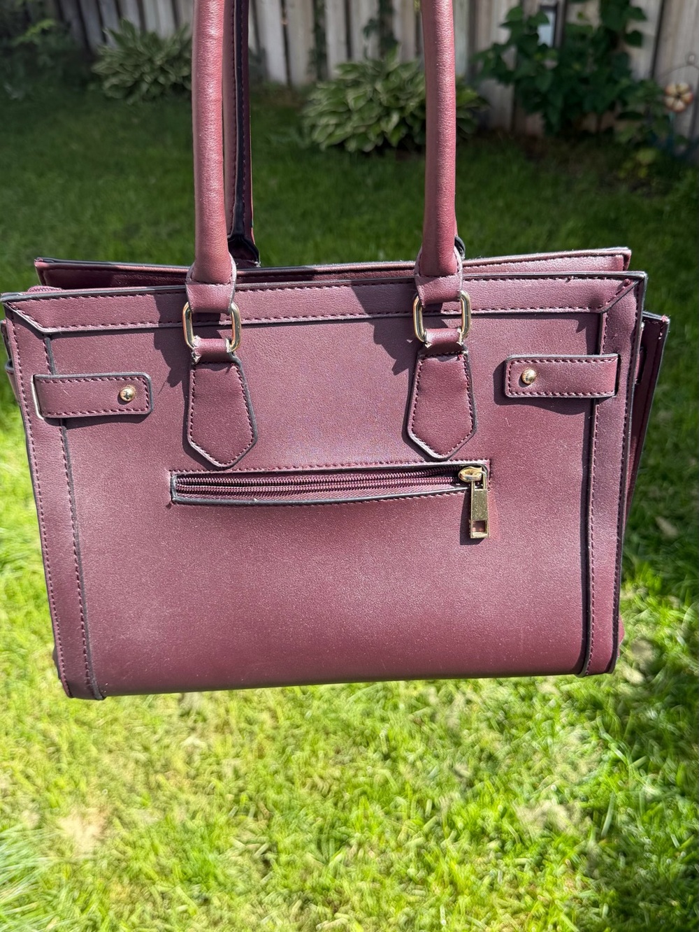 Aldo Burgundy Textured Satchel – Gold Hardware, Padlock Detail, Used - Picture 3 of 16